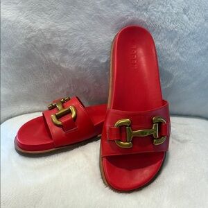 Boden Red Slide Sandals with Gold Buckle